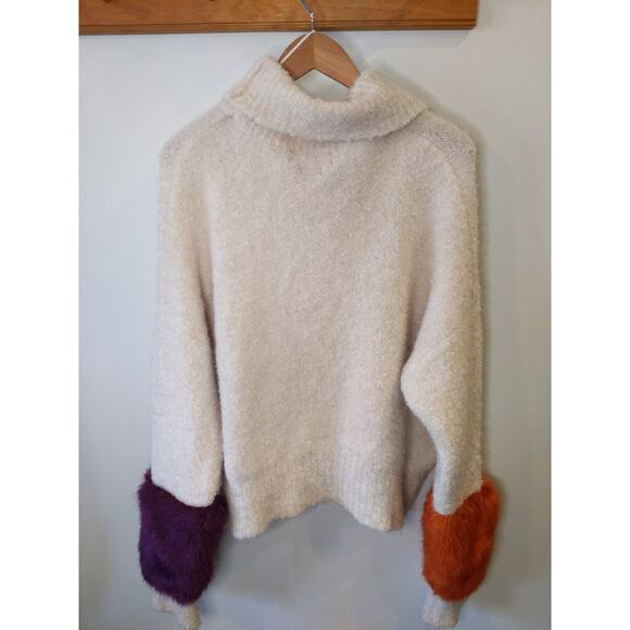 Zara Cream Fuzzy Turtleneck Sweater Colorblock Purple Orange Cuff Oversize Small - Picture 2 of 11